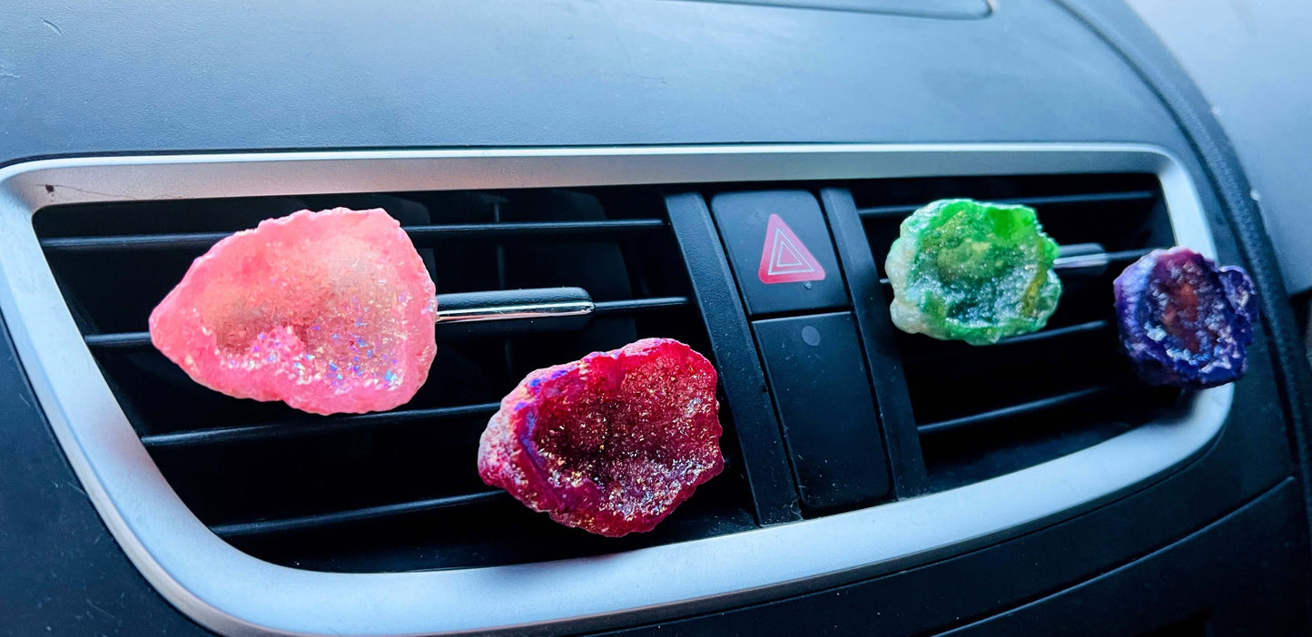 Car vent crystals shown on a car vent.