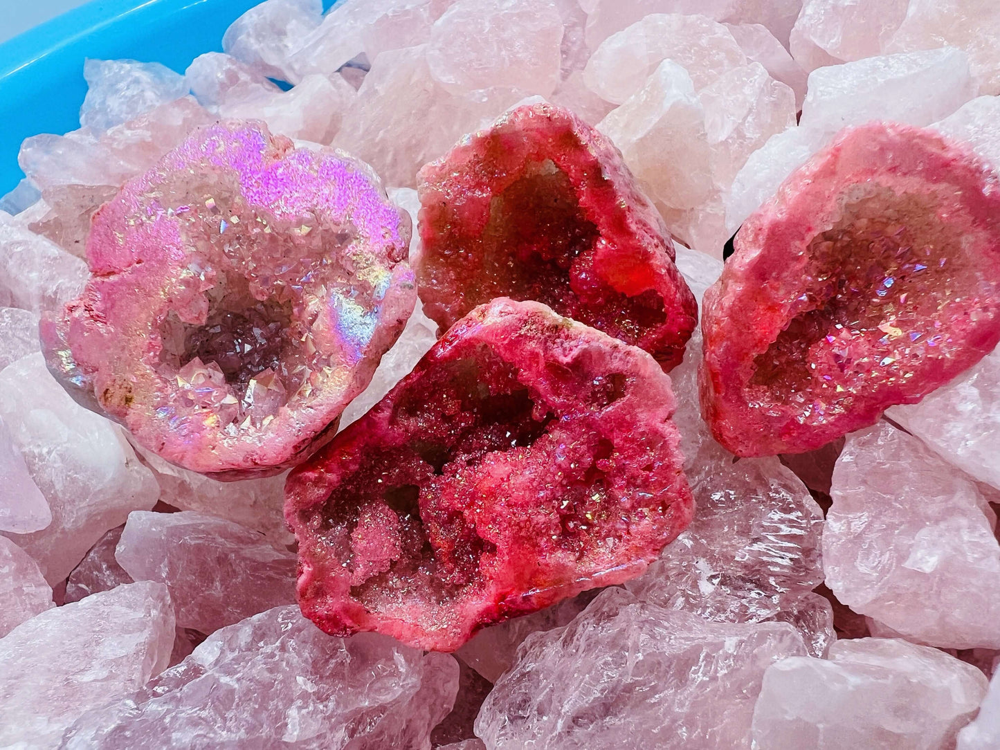 Pink Aura quartz geode car vent crystals