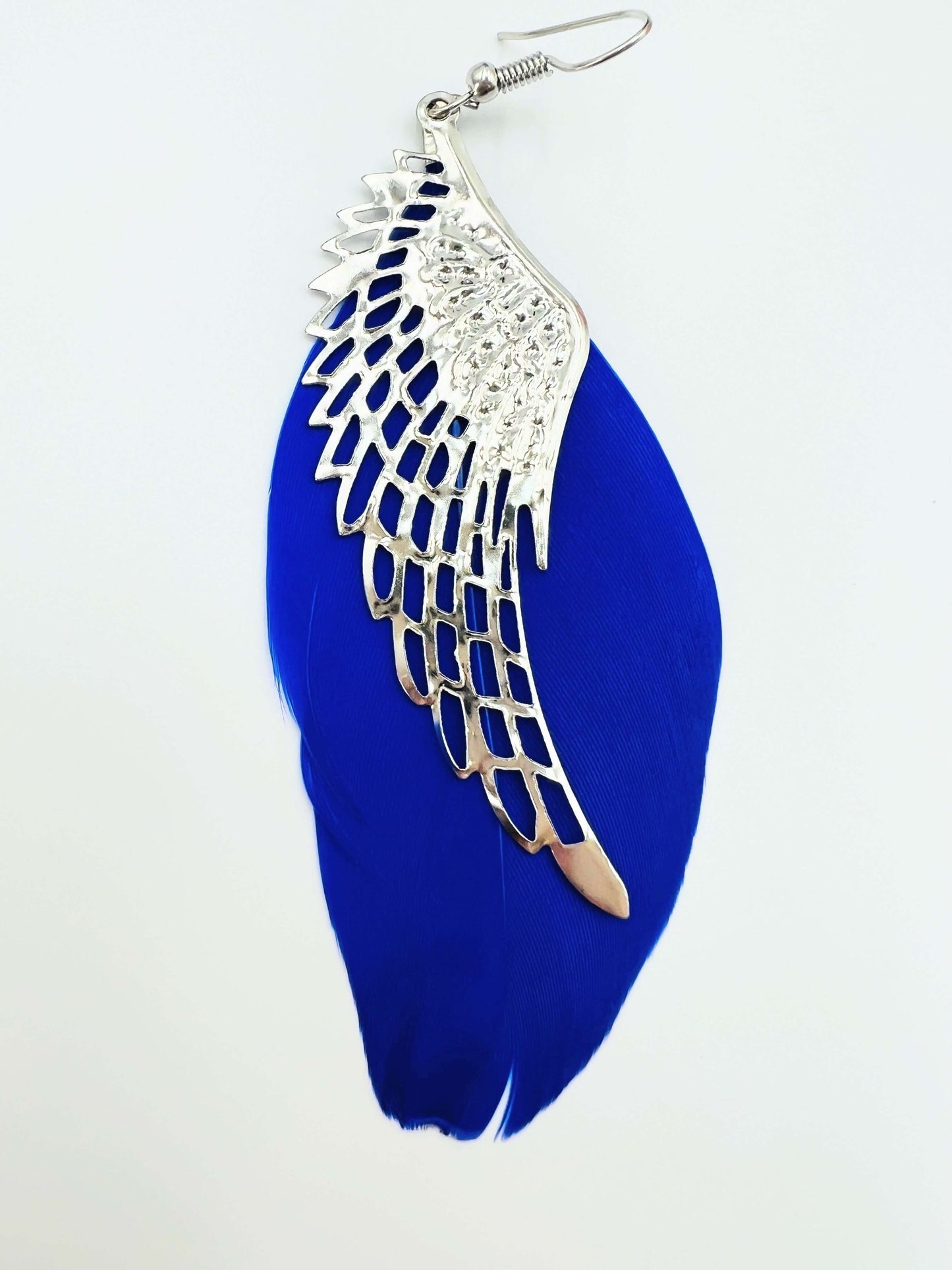 blue feather angel wing earrings with metal feather overlay on white background