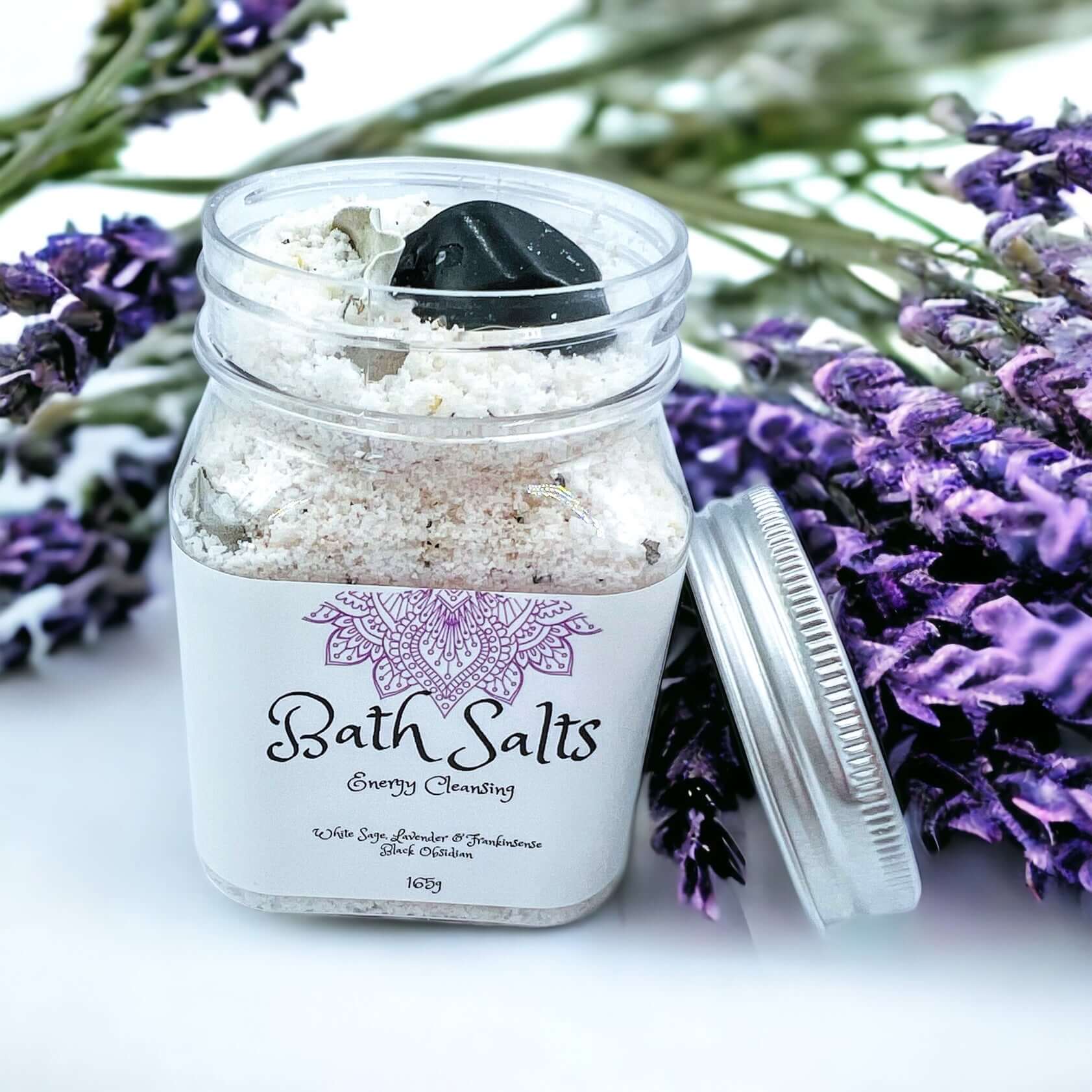 Energy cleansing bath salts in clear container