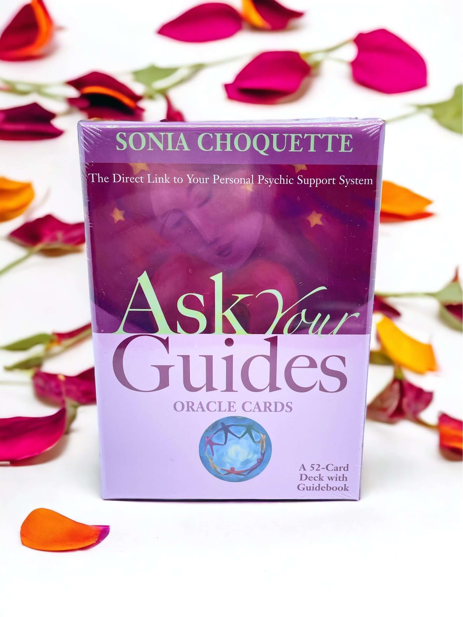  Ask your guides oracle deck cards on white background With petals. 