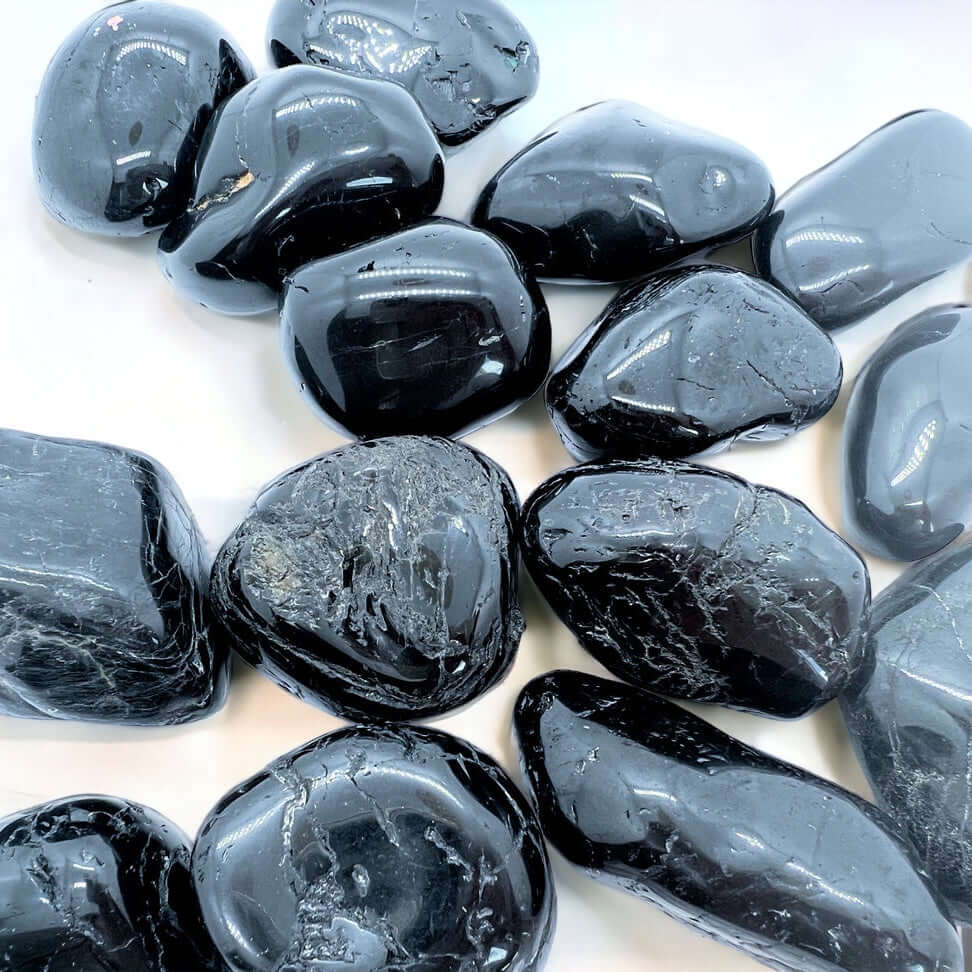 Large Black tourmaline crystals on white surface. 