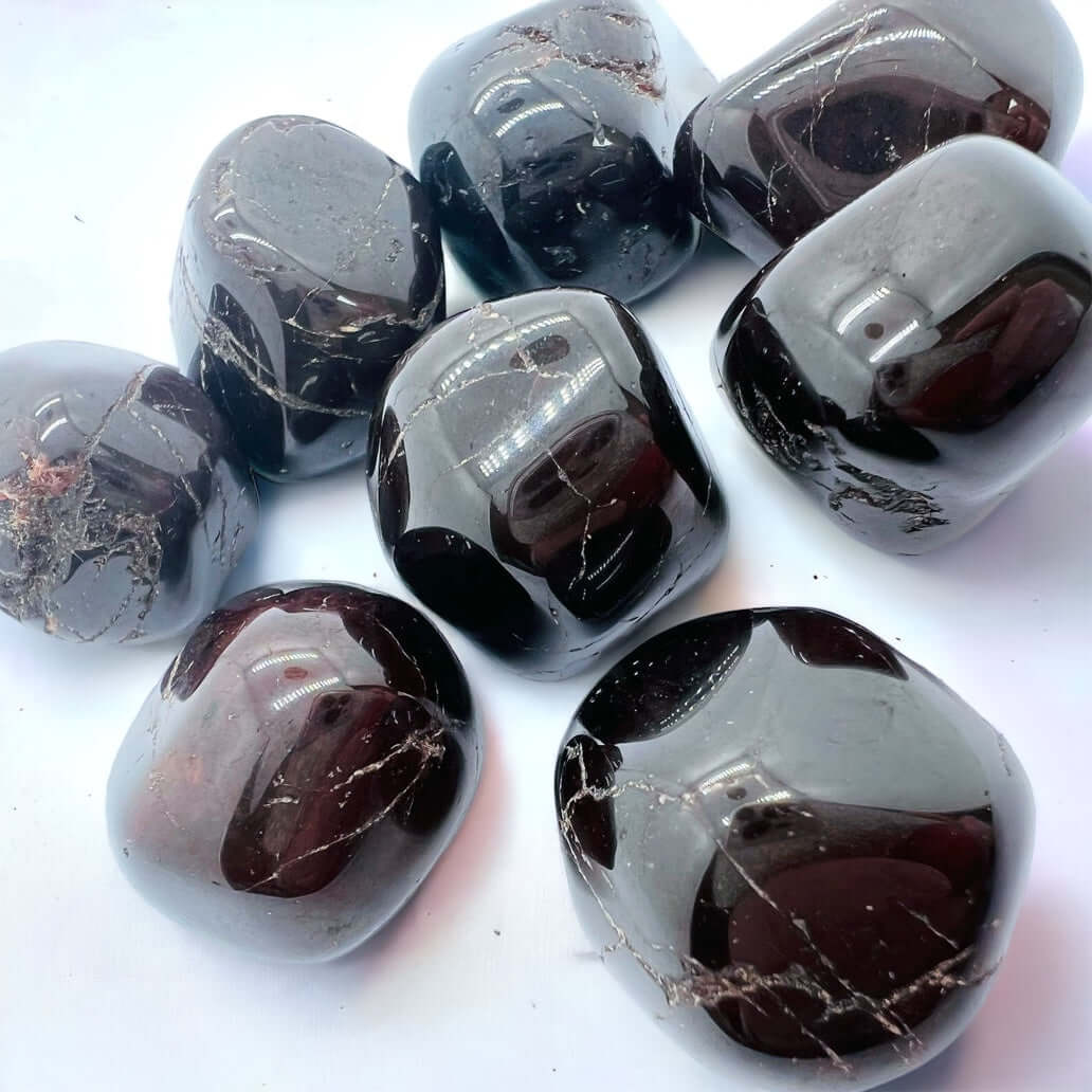 Several garnet tumbled stones on white surface.