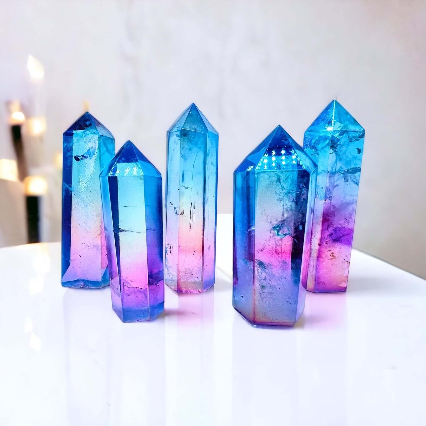 Pink/Blue Aura Quartz Points.