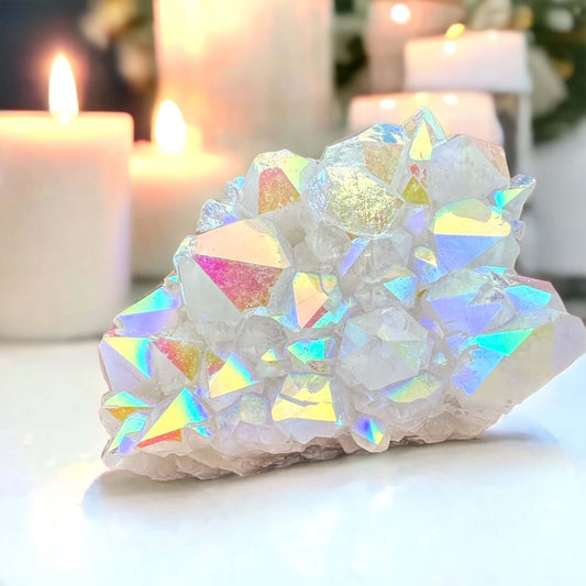 Angel aura cluster with candles in background 