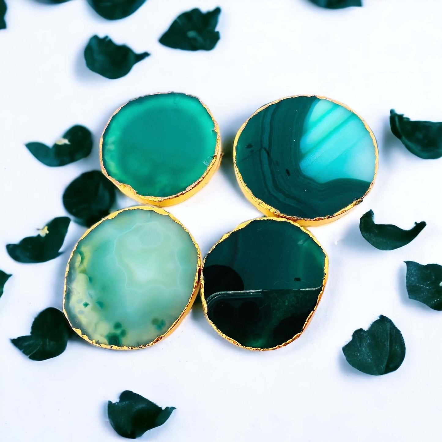 Green agate pop socket with gold edge.