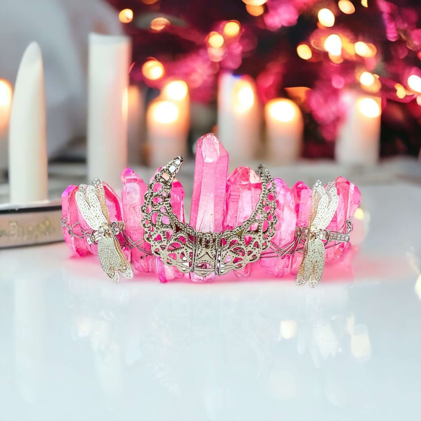 Crystal crown tiara in pink with moon charm. 