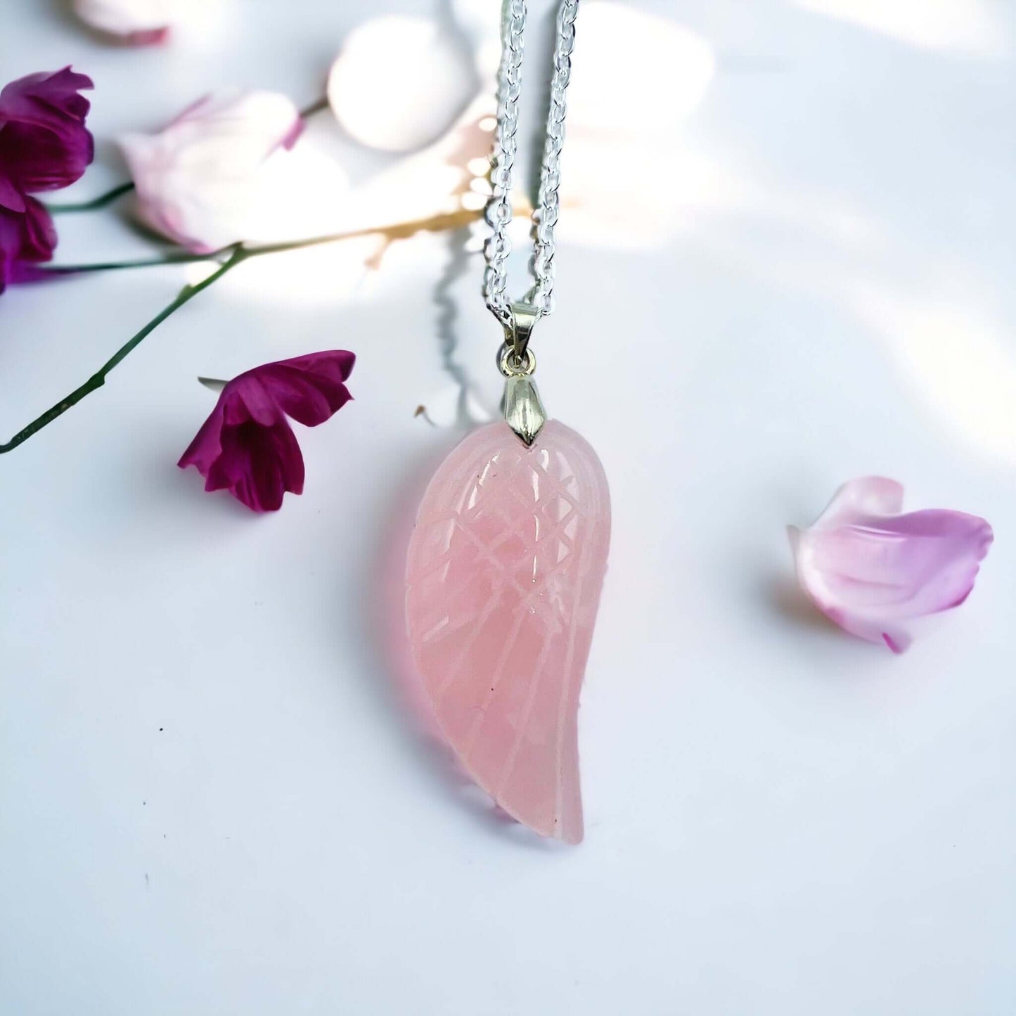 Rose quartz carved Angel wing pendant with chain