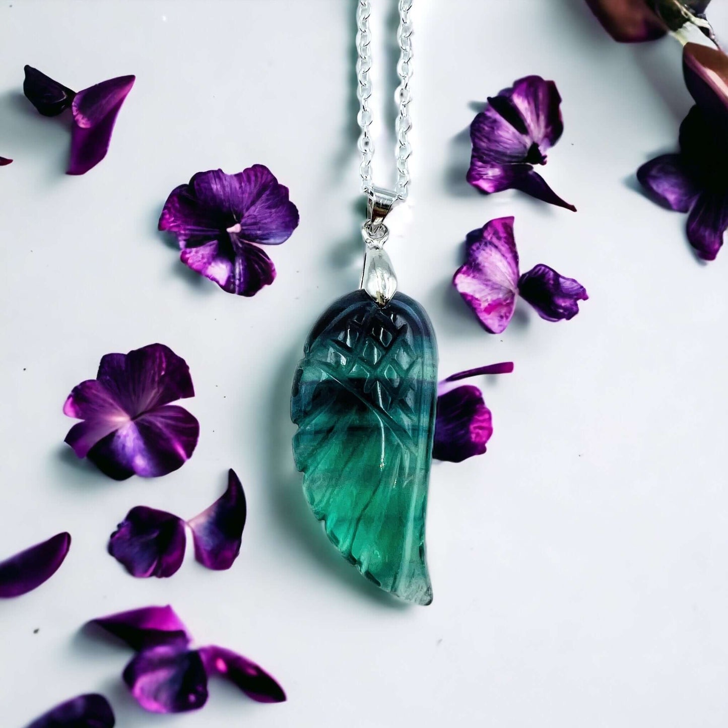 Fluorite carved Angel wing pendant with chain