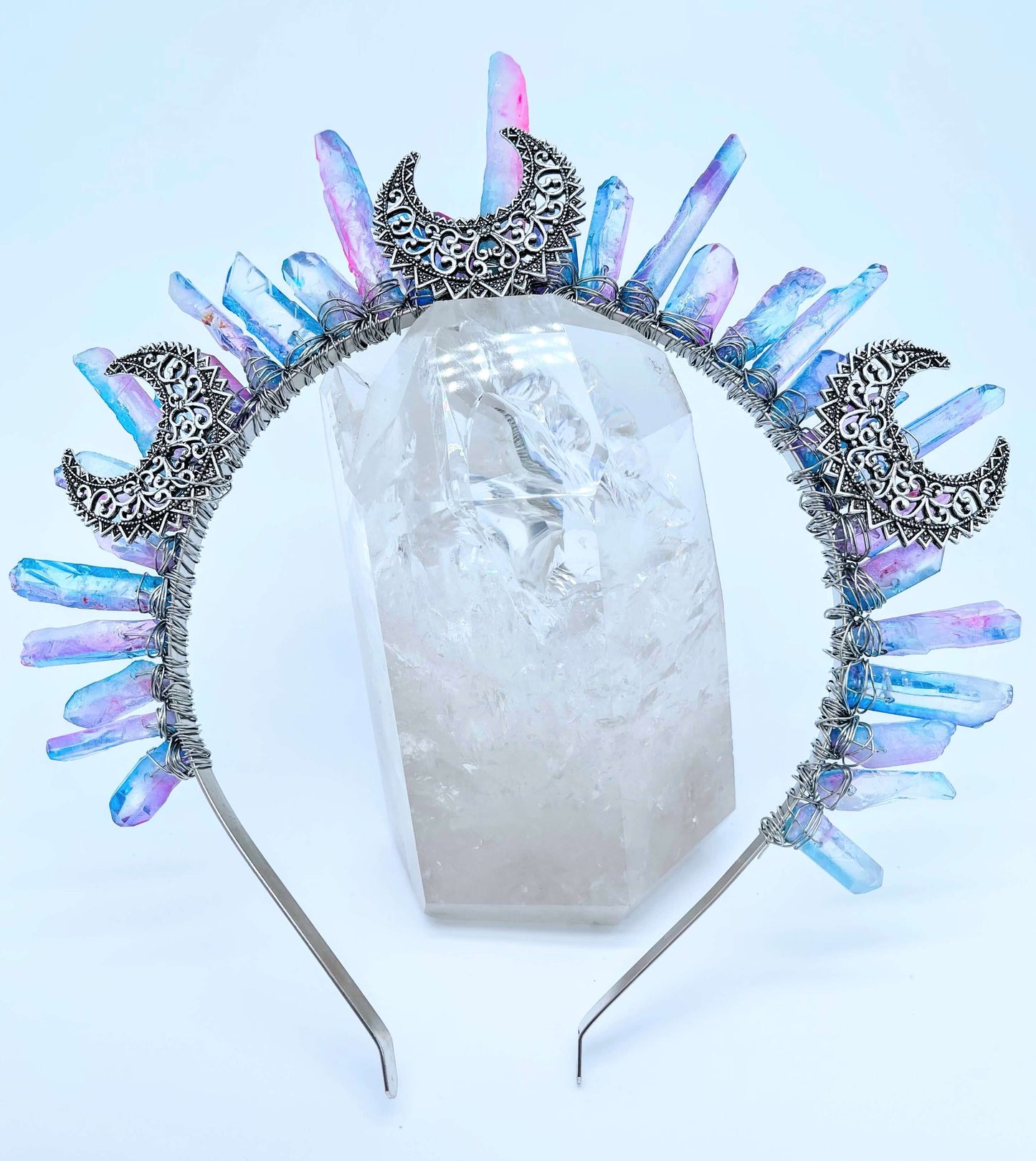 Crystal crown tiara blue quartz crystals with crescent moons 