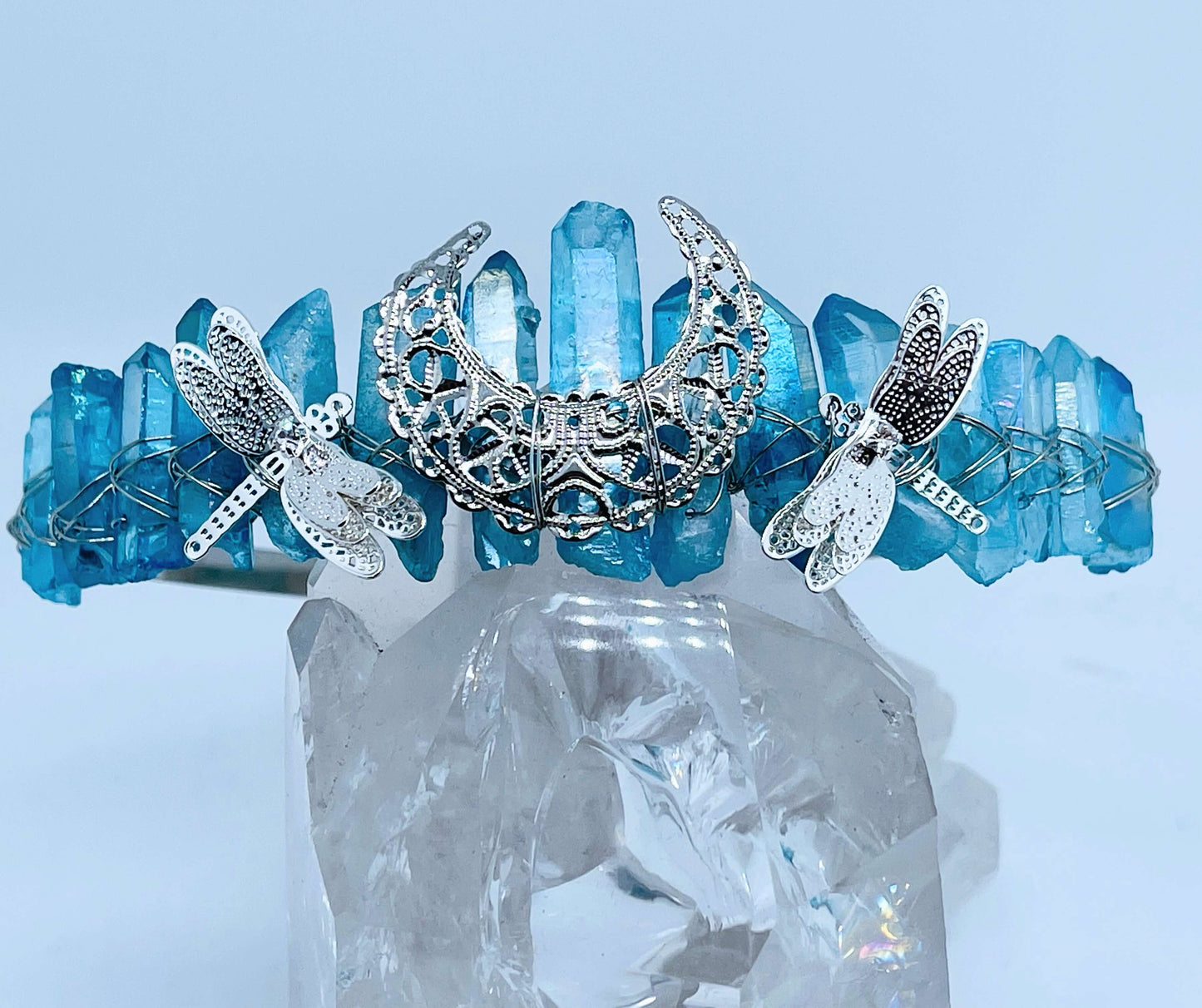 Blue Crystal Crown with dragonfly’s on white background 