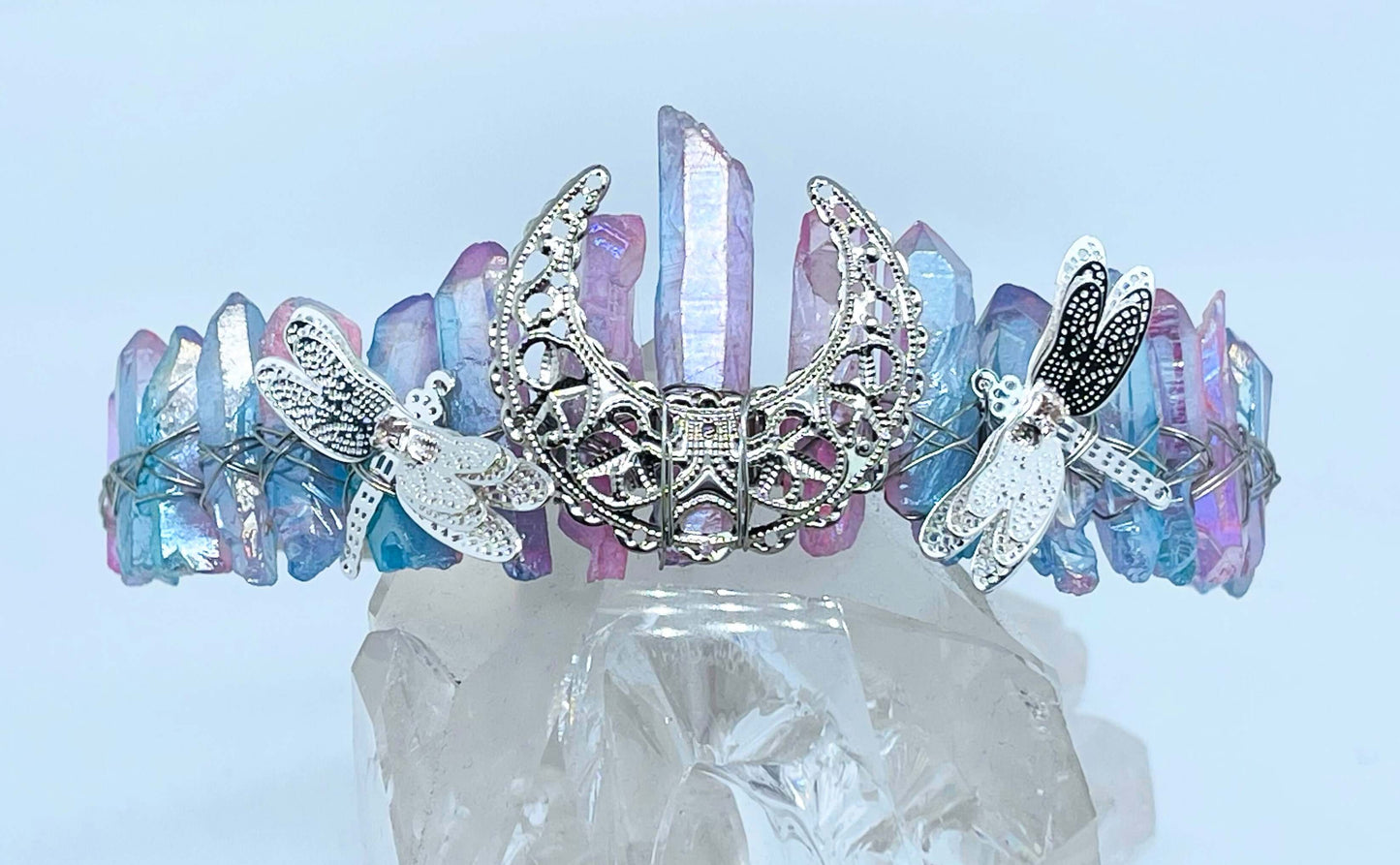 Pink & blue quartz Crystal Crown with dragonfly’s on white background