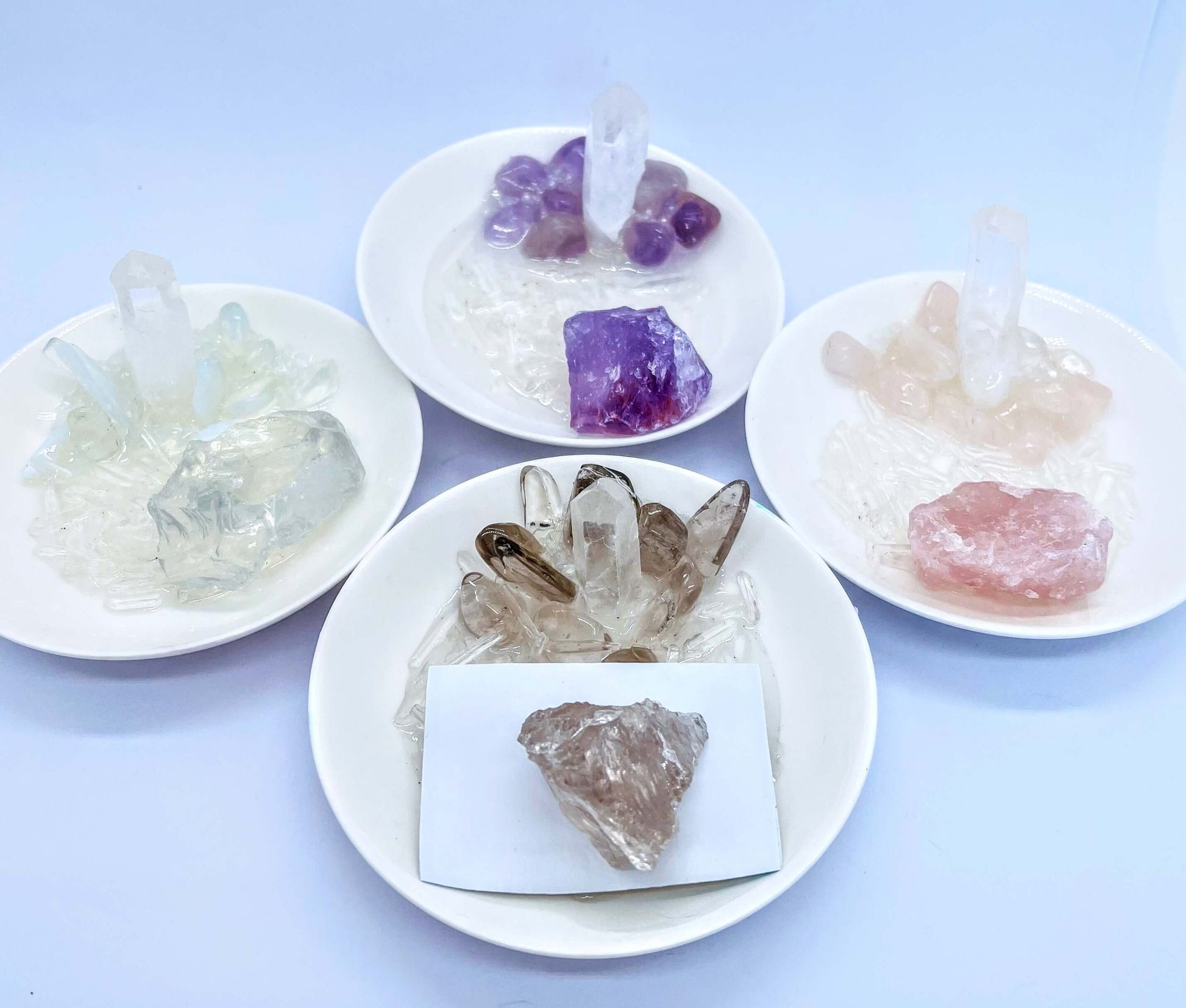 Crystal Wish Plates rose quartz, opalite, amethyst and smoky quartz. 