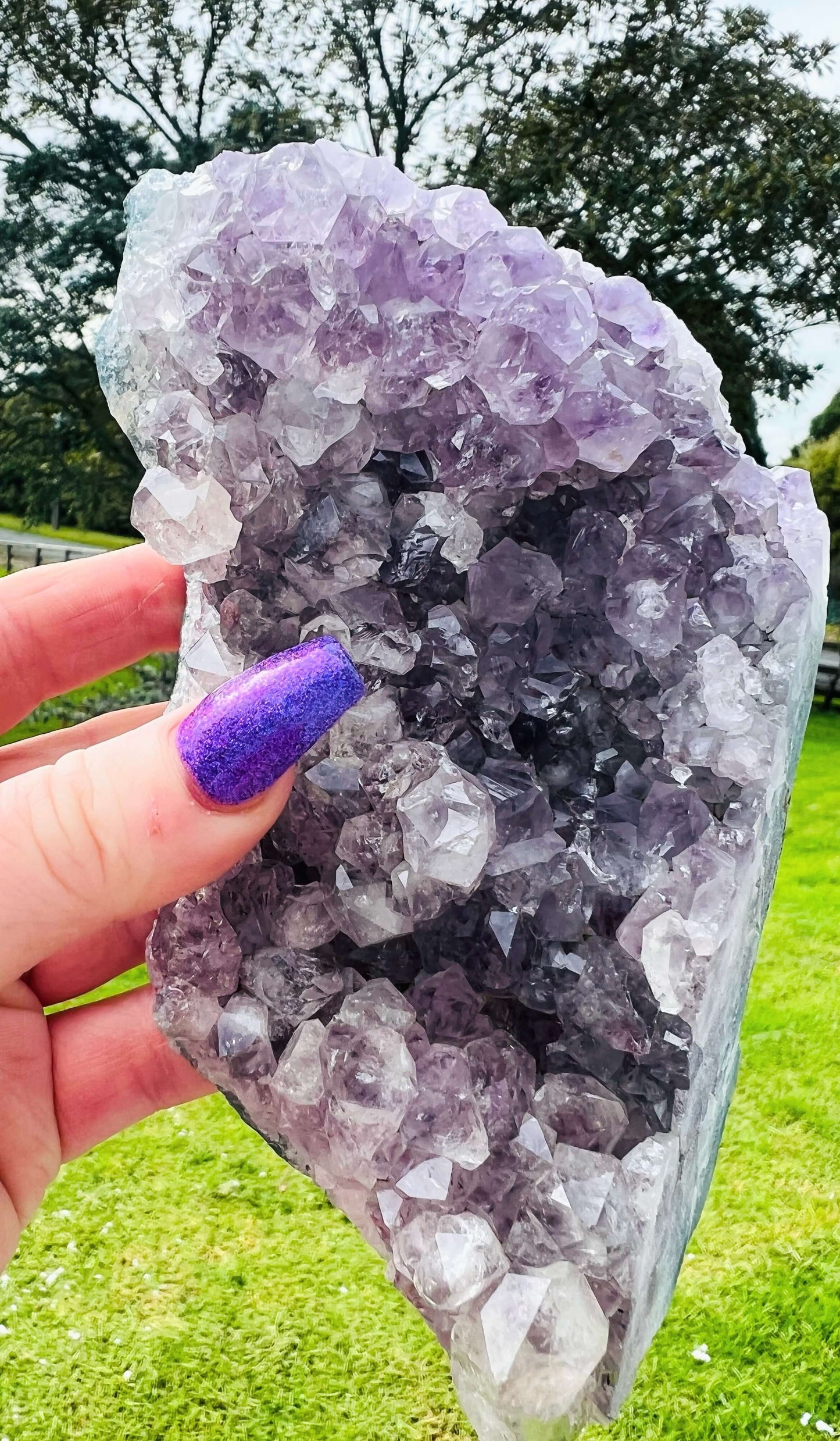 Large Amethyst cluster held by a hand with grass in background 