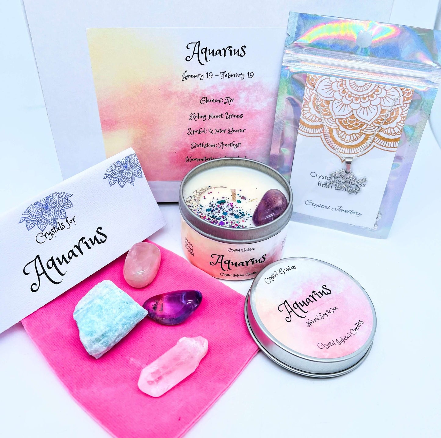 Aquarius box with candle, pendant and crystals set