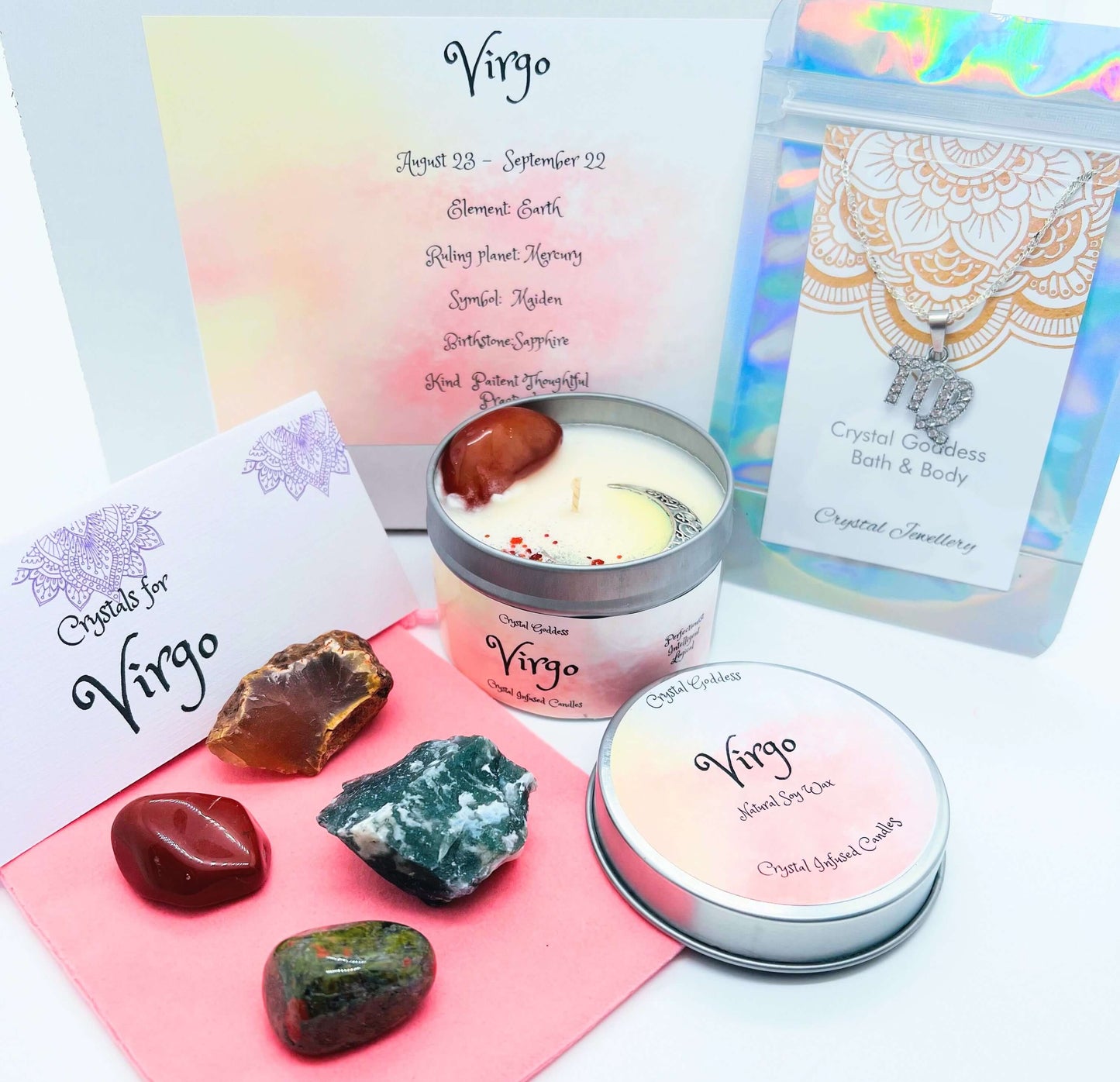 Virgo box with candle, pendant and crystals set