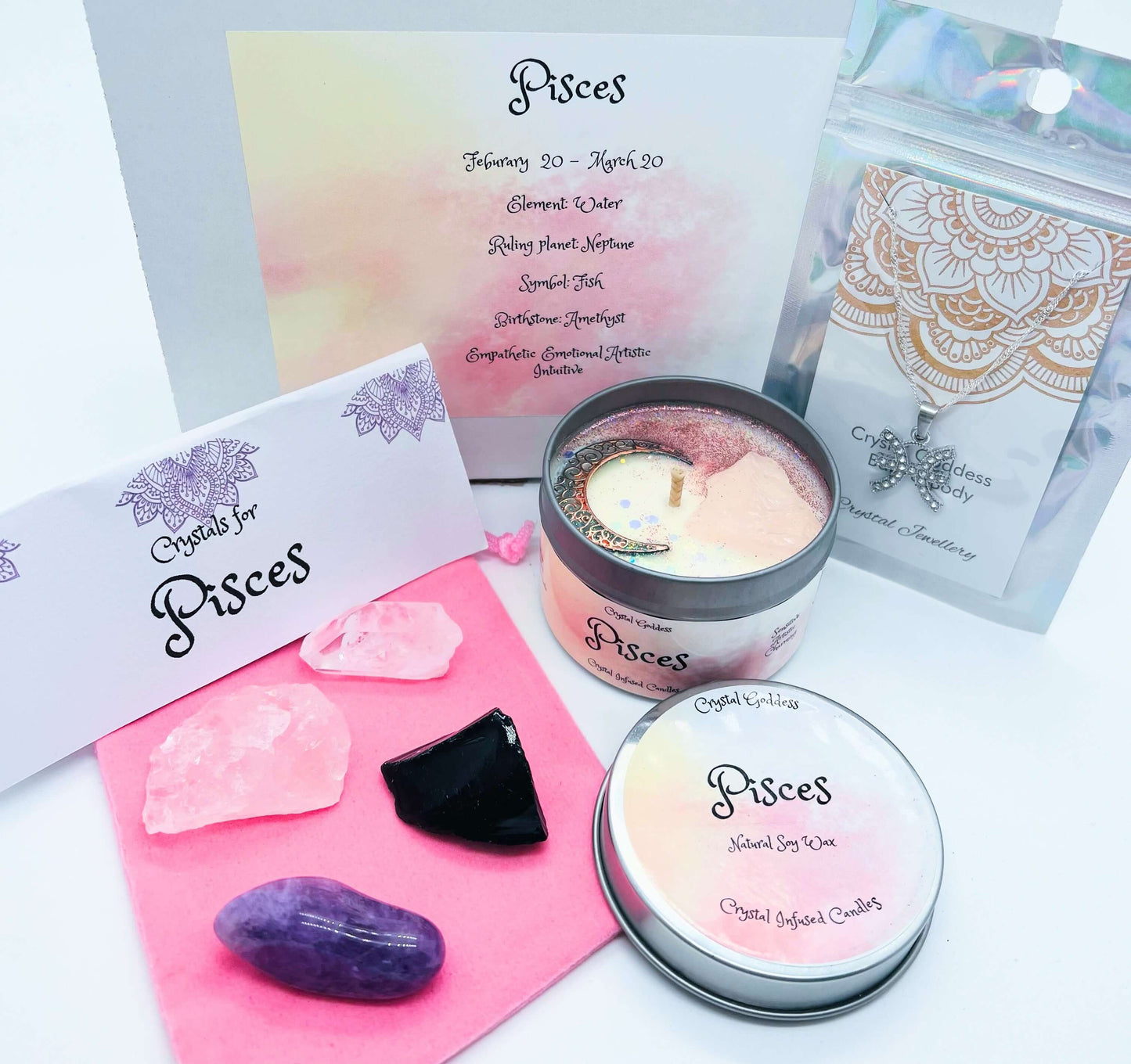 Pisces box with candle, pendant and crystals set