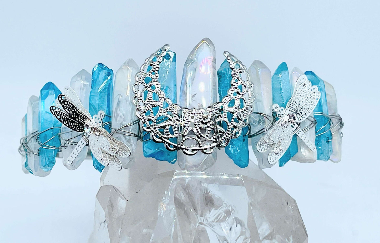 Blue quartz Crystal Crown with dragonfly’s on white background