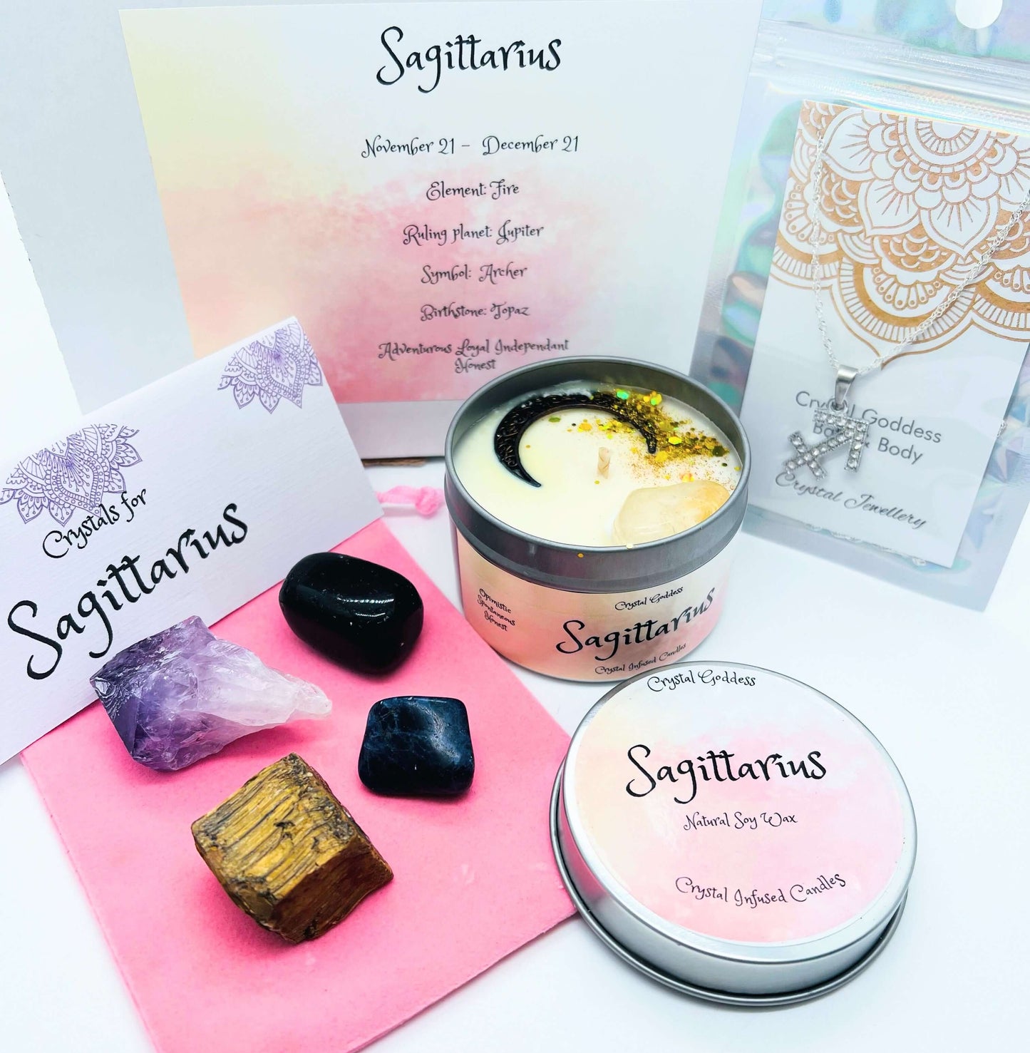 Sagittarius box with candle, pendant and crystals set