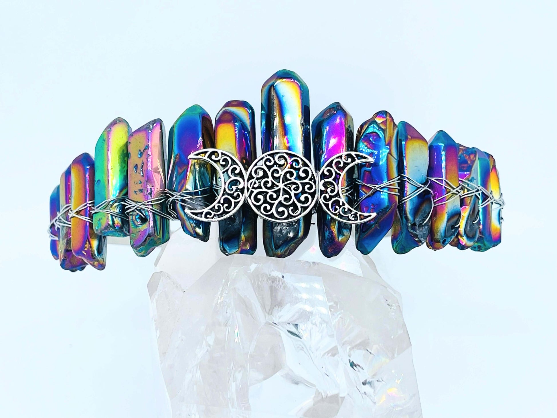 Titanium aura Crystal Crown Triple Goddess Moon style on white background.