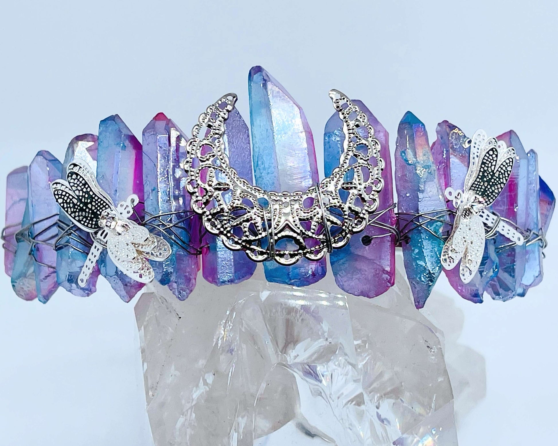 Purple & blue quartz Crystal Crown with dragonfly’s on white background