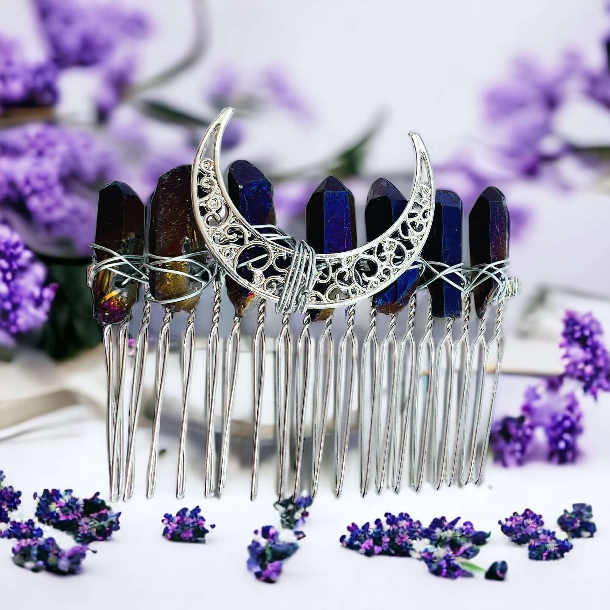 crystal hair combs shown on white background with flowers.