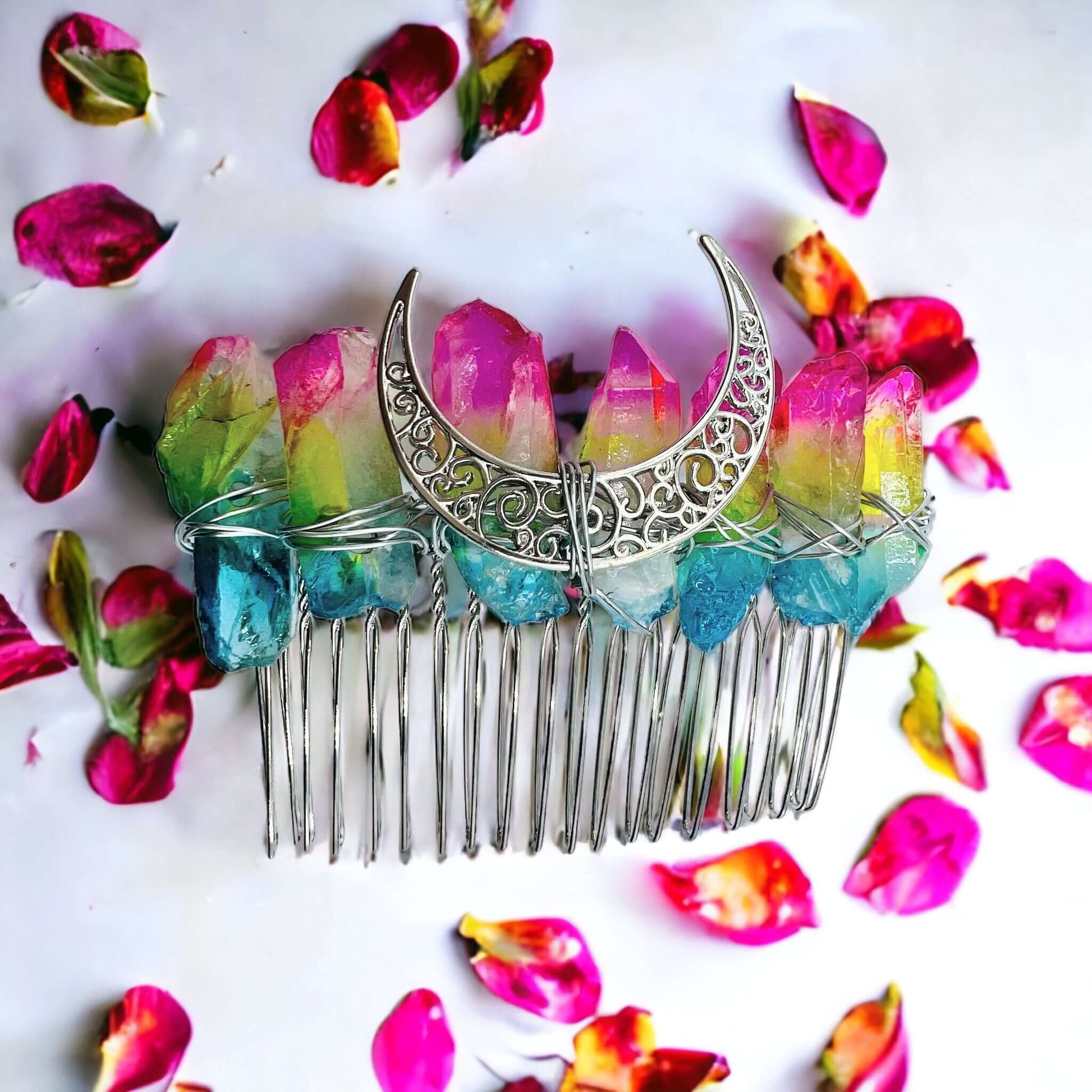 crystal hair combs shown on white background with flowers.