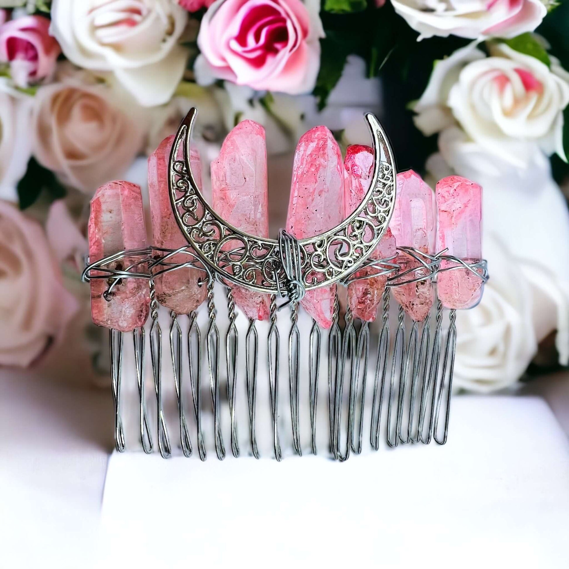 crystal hair combs shown on white background with flowers.